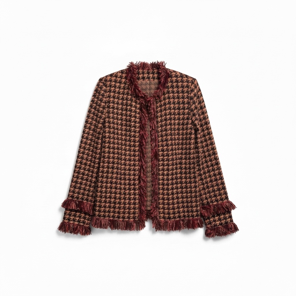 St. John Collection Houndstooth Knit Fringe Jacket Burgundy Gold Multicolor F205
